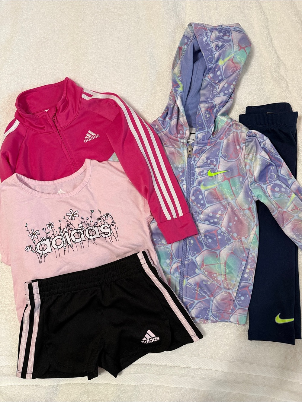 NWOT. 5 piece size 2T Bundle. Adidas + Nike Jacket, Pink Tee,Black Shorts, Pant